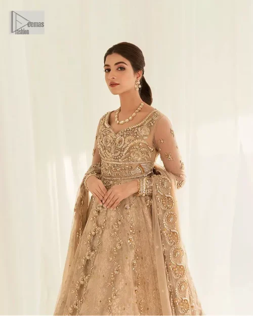 Presenting elegance personified glamorous formal nikah outfit. A heavenly-designed light golden maxi on an organza base serves as a canvas