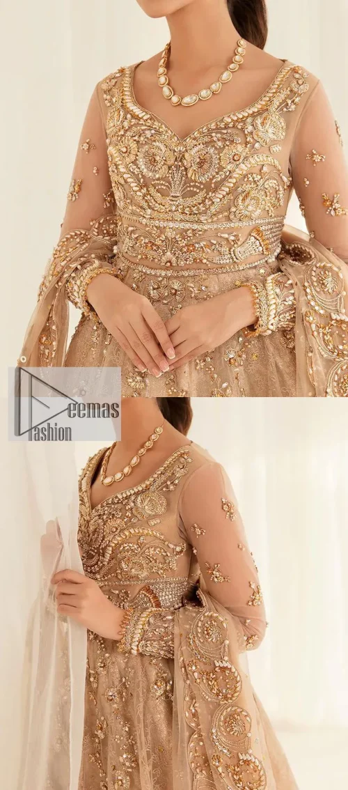 Presenting elegance personified glamorous formal nikah outfit. A heavenly-designed light golden maxi on an organza base serves as a canvas