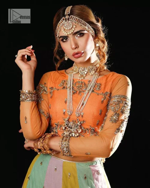Fun colours, fresh you.  This breathtaking blouse in light orange colour is gracefully adorned with hand-crafted embellishments and lavish golden