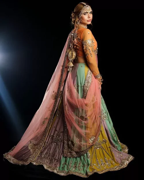 Fun colours, fresh you.  This breathtaking blouse in light orange colour is gracefully adorned with hand-crafted embellishments and lavish golden