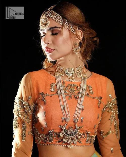Fun colours, fresh you.  This breathtaking blouse in light orange colour is gracefully adorned with hand-crafted embellishments and lavish golden