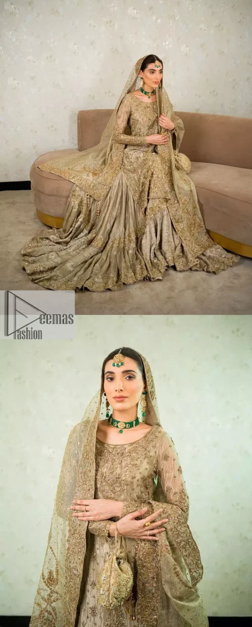 Comfy is a mood. The latest style of shirt sharara in high-quality fabric detailing with light gold gota, zari, dabka,