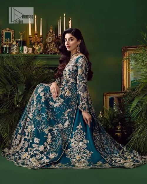 Let the outfit speak for itself! DeemasFashion presents this party wear in teal blue colour. Be a centre of attraction