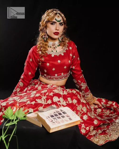 Reception called, and red answered. The stunning blouse is embellished with floral motifs. The base colour used for choli is