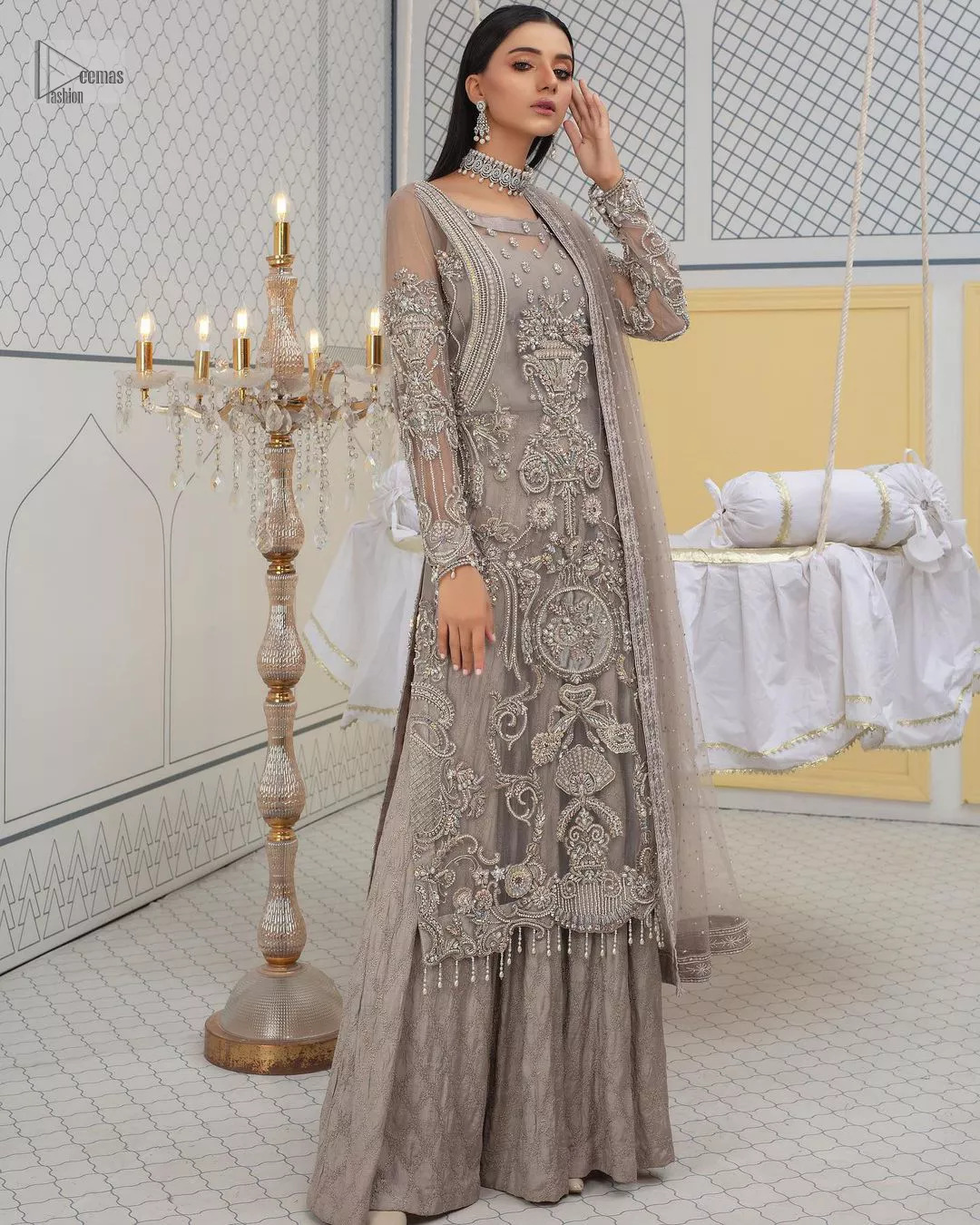 Grey Long Shirt Sharara Dupatta As Party Wear