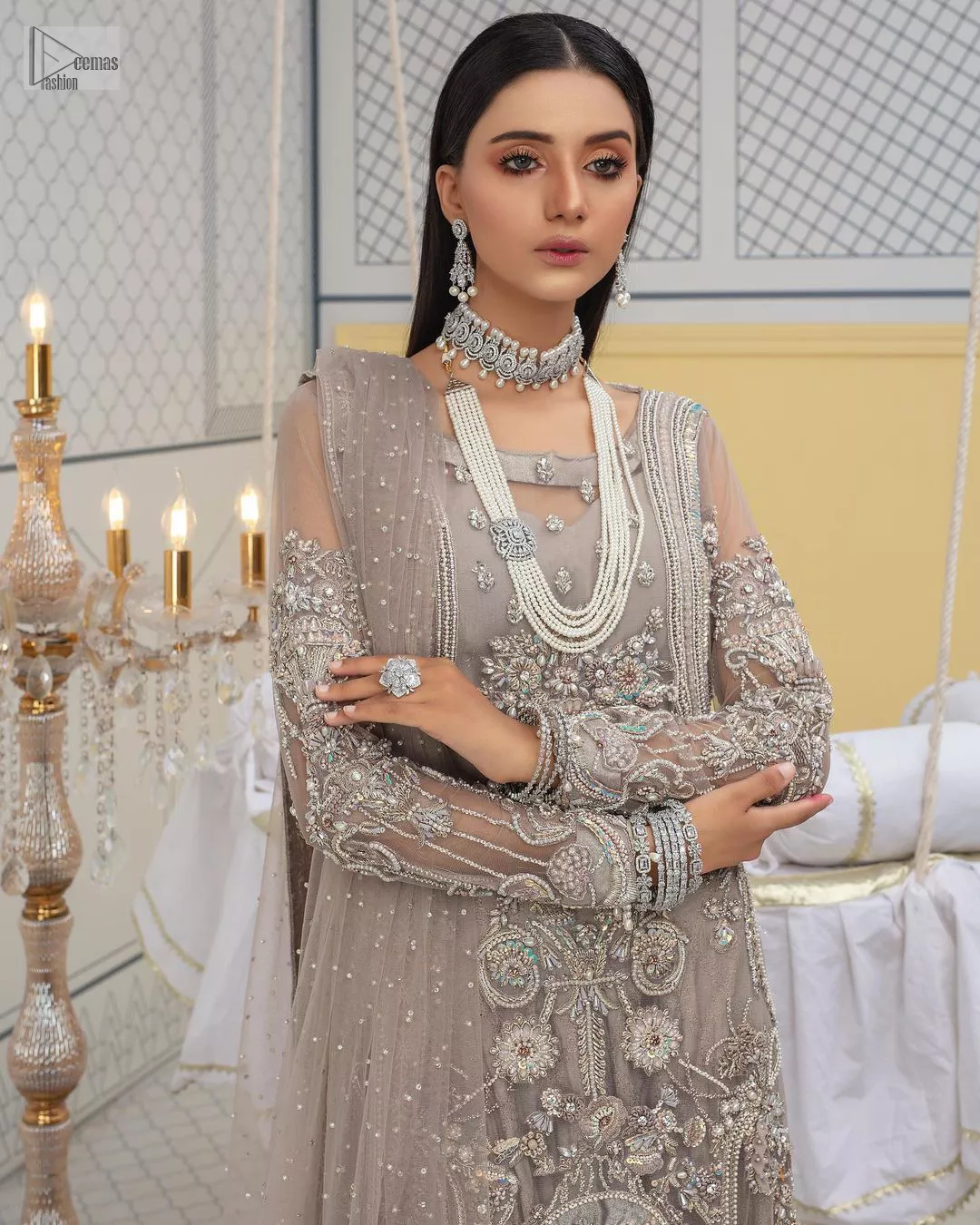 Grey Long Shirt - Sharara - Dupatta As Party Wear