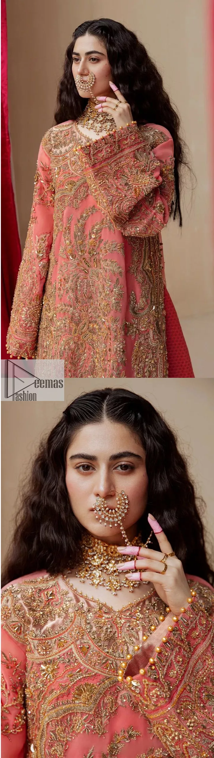 It's an aesthetic kinda mood. The long shirt in the wondrous peach colour is composed of ethnic handworked details and gleaming embellishments rendered artistically on a Jamawar canvas. The long shirt is layered with embroidered details with an enhanced V neckline and borders. The beautiful shirt is prominent with tilla, dabka, kora, Kundan and Zardozi in gold colour. Further, the intricate floral patterns on full sleeves make this outfit crazier. Complementing the shirt with gharara with elaborated borders depicts a perfect contemporary vibe.