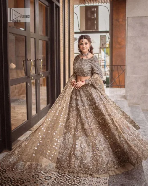 A dreamy statement of brown nikah outfit! This dress proffers a brown hue with its glamorous silver embroidery. The handsome