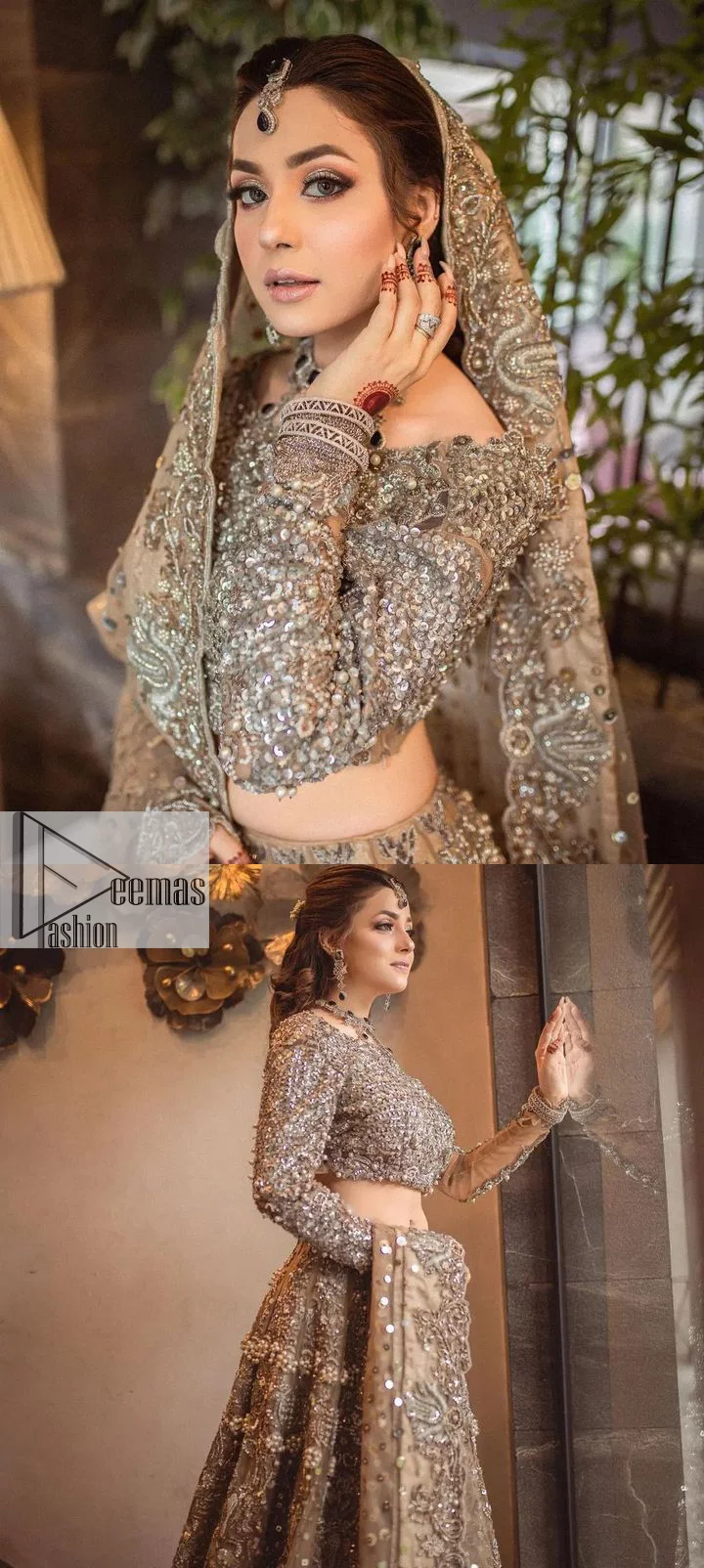 A dreamy statement of brown nikah outfit! This dress proffers a brown hue with its glamorous silver embroidery. The handsome and attractive embellishments include tilla, dabka, kora, Kundan and the real magic of Zardozi. The blouse has a boat-shaped neckline to enhance the features. Further, the floral patterns on full sleeves make this outfit more lovely. It is paired up with meticulously handcrafted lehnga which is bold enough to stand out in the crowd. Complete this article with a scalloped dupatta in the same colour framed with a four-sided border and sequin sprayed all over to make it dreamy.