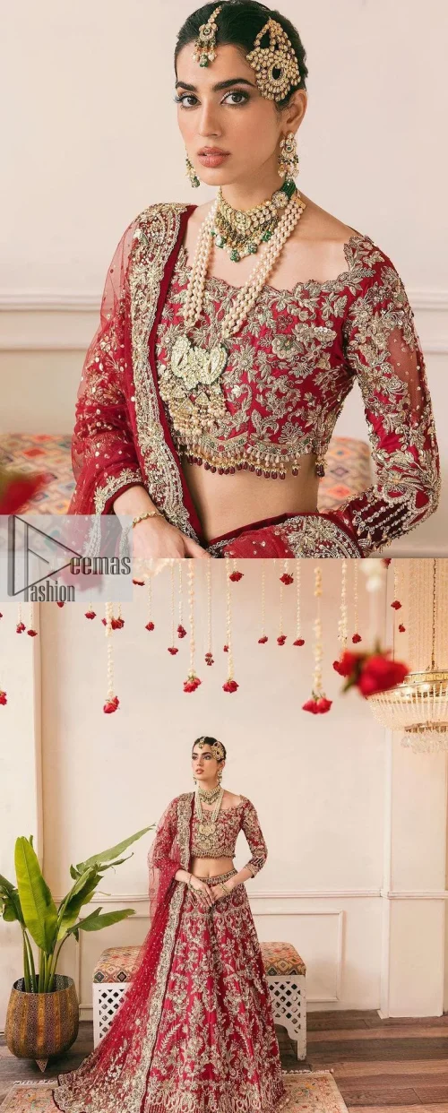 The beauty of this ensemble is mirrored in the romantic colour palette! The blouse is in a dark red shade