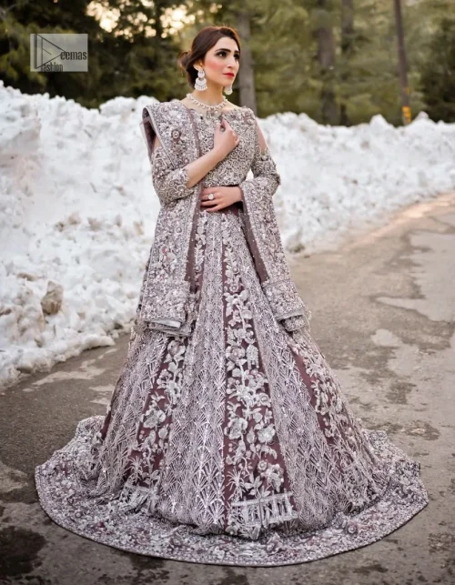 Elevate your elegance with our exquisite dark plum pink Walima outfit, meticulously crafted for your special day.