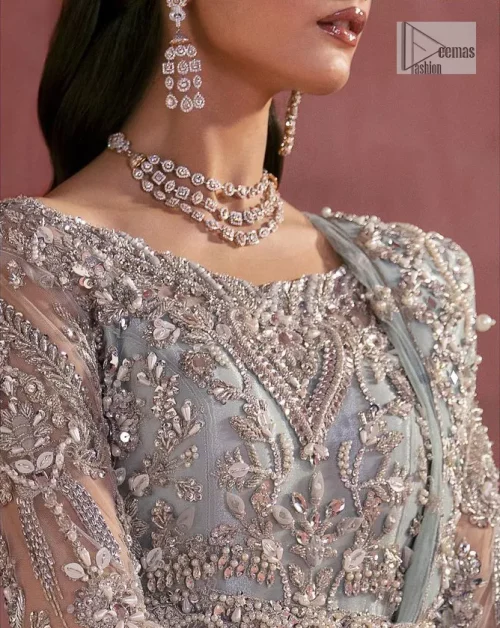 A timelessly classic and hot Nikah wear. DeemasFashion presents the flared maxi in grey colour which is heavily adorned with