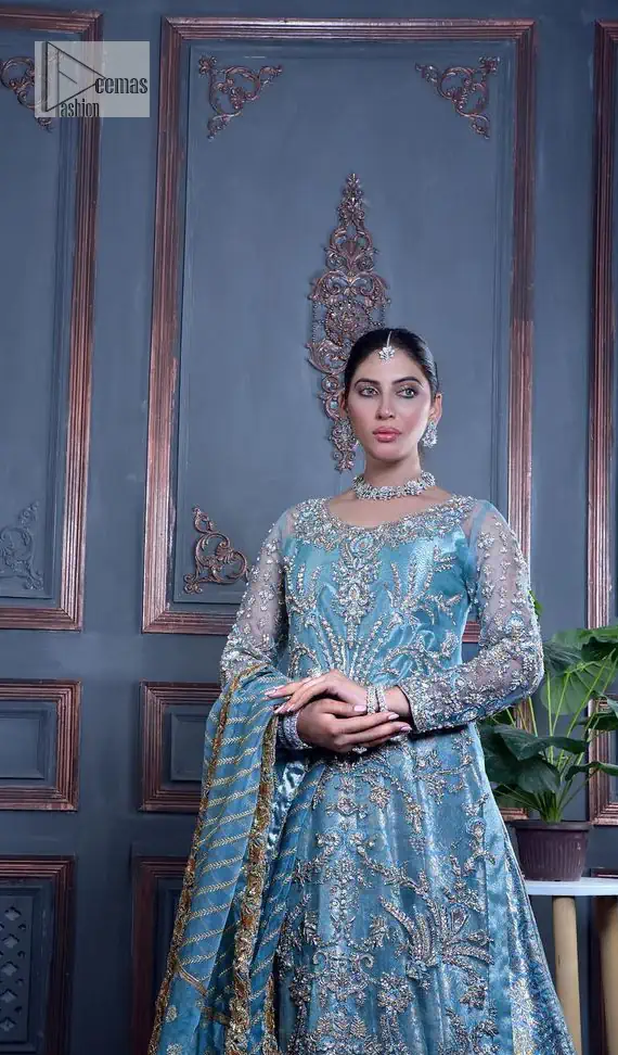 Serving looks we love. DeemasFashion presents this party outfit in sky blue colour which is adorned with silver embroidery and