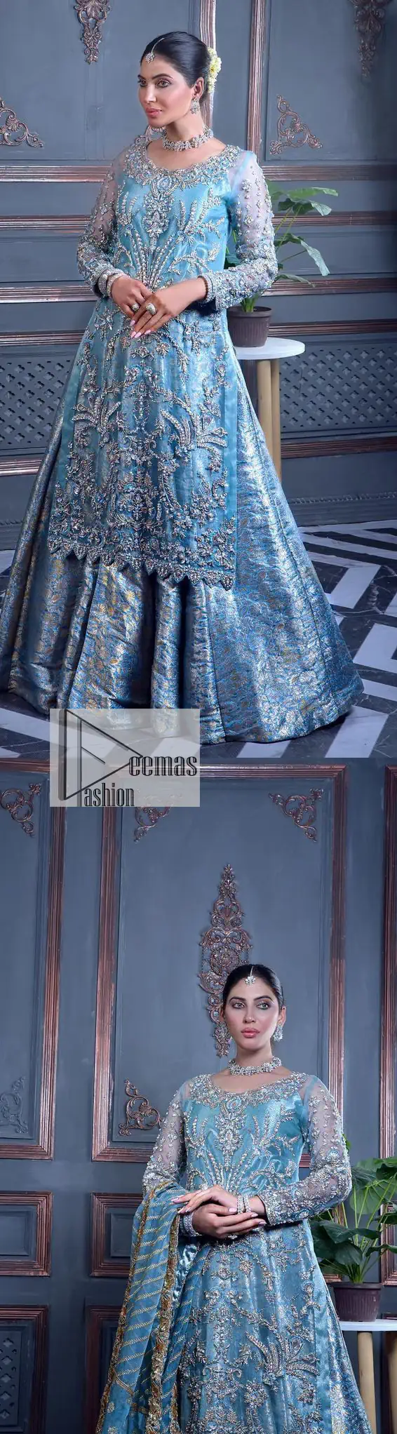Serving looks we love. DeemasFashion presents this party outfit in sky blue colour which is adorned with silver embroidery and