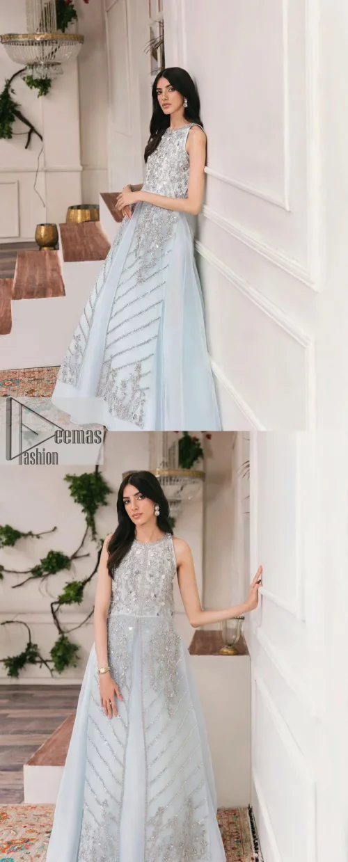 Shine and sparkle in this ice-blue nikah outfit! A mesmerizing long shirt stuns in a beautifully handcrafted silver embroidery enshrined
