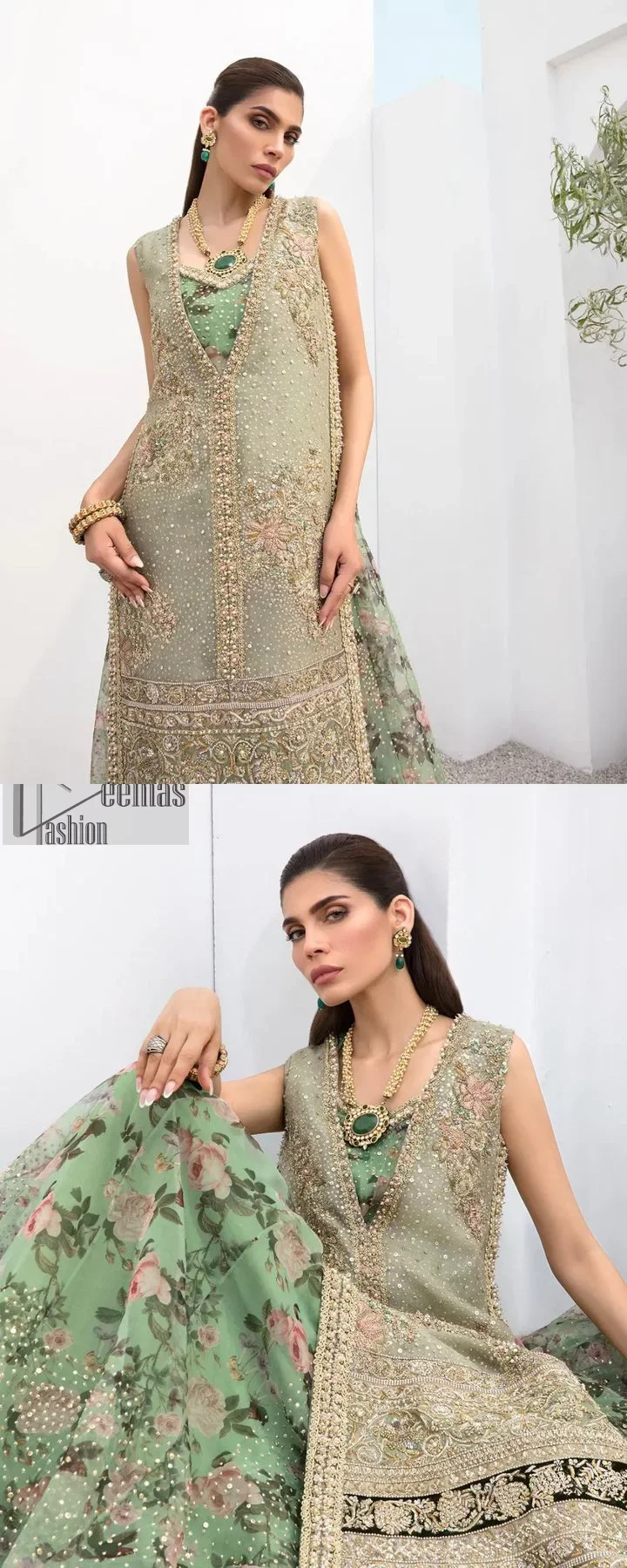 The timelessly classic mint green nikah outfit! The beautiful model looks ravishing in this mint green shirt, heavily hand-embellished with floral motifs and sequins spray. The back of the shirt is sprayed with sequins and has an embellished border; an embellished front and back panel border makes this outfit unique. The V shape neckline adds super beauty to the outfit which involves tilla, dabka, kora, Kundan and the real magic of crystals. Further, the sleeveless style is for extra comfort zone. It is paired with a flared lehenga with an intricately embellished border. 