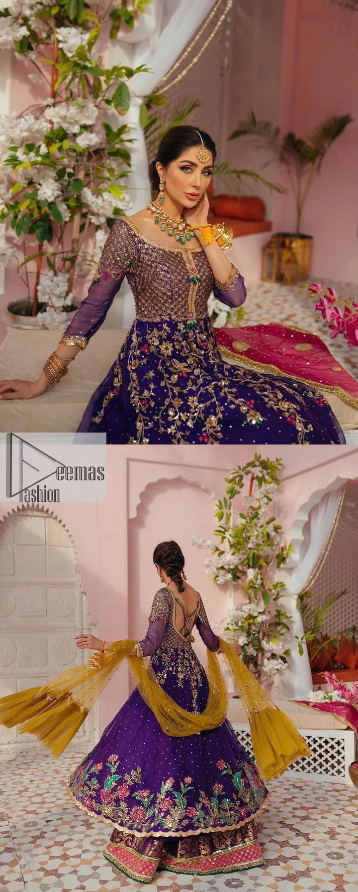 Slay your mehndi looks with signature statement pieces. This stunning plum frock is gracefully emblazoned with tilla, dabka, kora, Kundan, Zardozi and crystal details and graceful multiple-colour embroidery work giving you a breathtaking dreamy appearance at the wedding. The floral motifs on the three-quarter sleeves add grace to the outfit. Further, the round neckline has fine details. It is paired up with a lehenga in the same colour having prominent borders just to prominent you on your Mehndi day. Complete this mehndi outfit with a dupatta with sparkling sequins all over to slay your look.