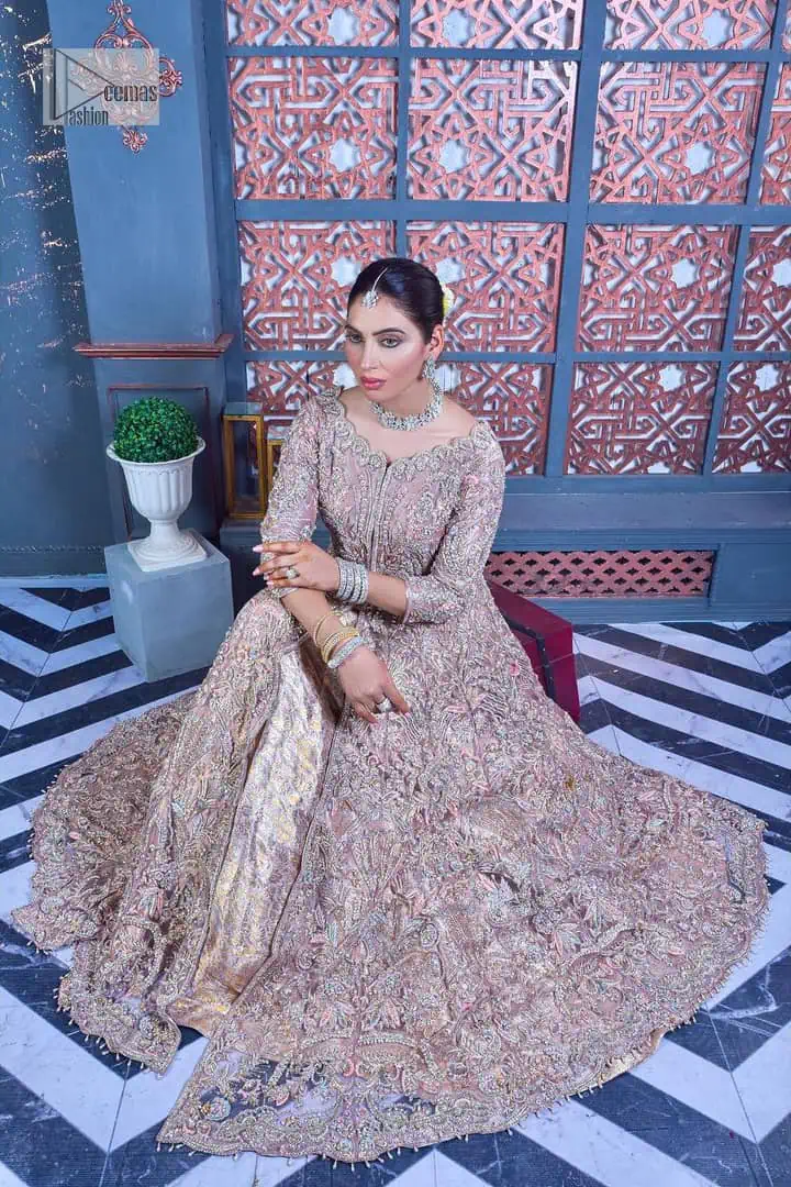 Tea Pink are always the hot trend for the walima outfit. Traditional designs and hand-crafted embellishments of the following maxi
