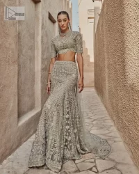 Teal Grey Scalloped Blouse – Lehenga – Dupatta - Image 1