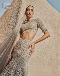 Teal Grey Scalloped Blouse – Lehenga – Dupatta - Image 3