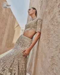 Teal Grey Scalloped Blouse – Lehenga – Dupatta - Image 4