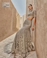 Teal Grey Scalloped Blouse – Lehenga – Dupatta - Image 5