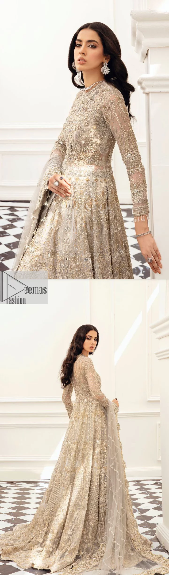 Bright nikah outfits are a constant ongoing trend! Take your look to the next level with this ivory scalloped maxi having silver and golden embellishment frames. The following maxi is highlighted with tilla, dabka, kora, Kundan, and the beautiful details of Zardozi. The jewel neckline reveals layers of priority. Furthermore, the floral patterns on full sleeves look like a complete diva.  The beautiful dupatta is framed with a floral scalloped border on all sides to give a vibrant and soft look.