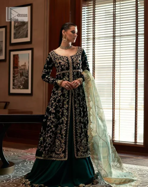 Outfits that define you. DeemasFashion presents the party wear in deep green colour which is adorned with light golden embroidery.