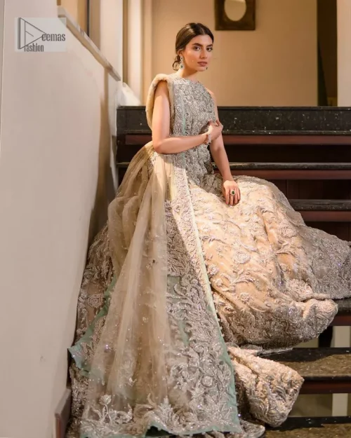 Your wedding vibe. Your wedding mood. Your wedding scent. The light fawn back train heavy maxi and dupatta are hand