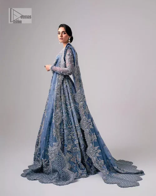 Stay blue and look your best! A sky blue lehenga choli is hand embellished with floral patterns and botanical motifs.