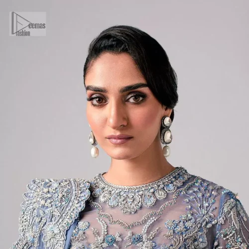 Stay blue and look your best! A sky blue lehenga choli is hand embellished with floral patterns and botanical motifs.