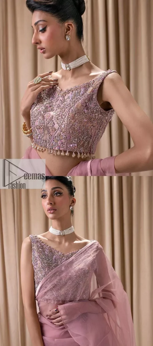 Turn heads in our stunning bridesmaid saree! The beautiful tea pink blouse is adorned with silver and golden embroidery which