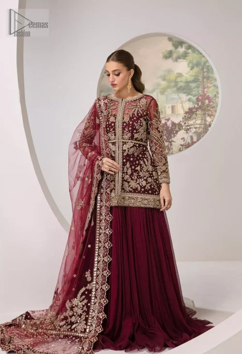 You are introducing our Maroon Party dress, a true embodiment of purity and simplicity for your special ceremony. This elegant