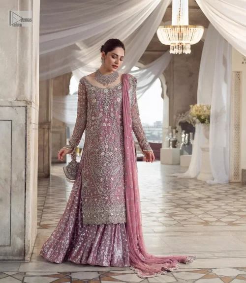 Violet Scalloped Long Shirt Silky Tea Rose Lehenga