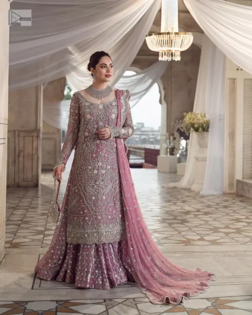 Violet Scalloped Long Shirt Silky Tea Rose Lehenga