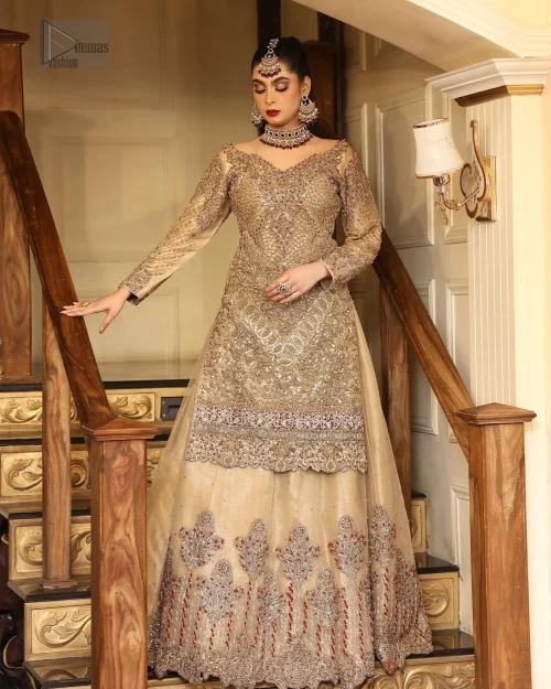 The Beige Scalloped Shirt Can Can Lehenga envelops you in understated beauty, perfect for your Nikah day.