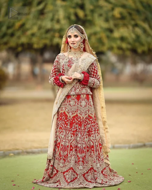 The dress is adorned with intricate golden and antique-toned embroidery, showcasing absolute gorgeousness and adding more to its divine aura.