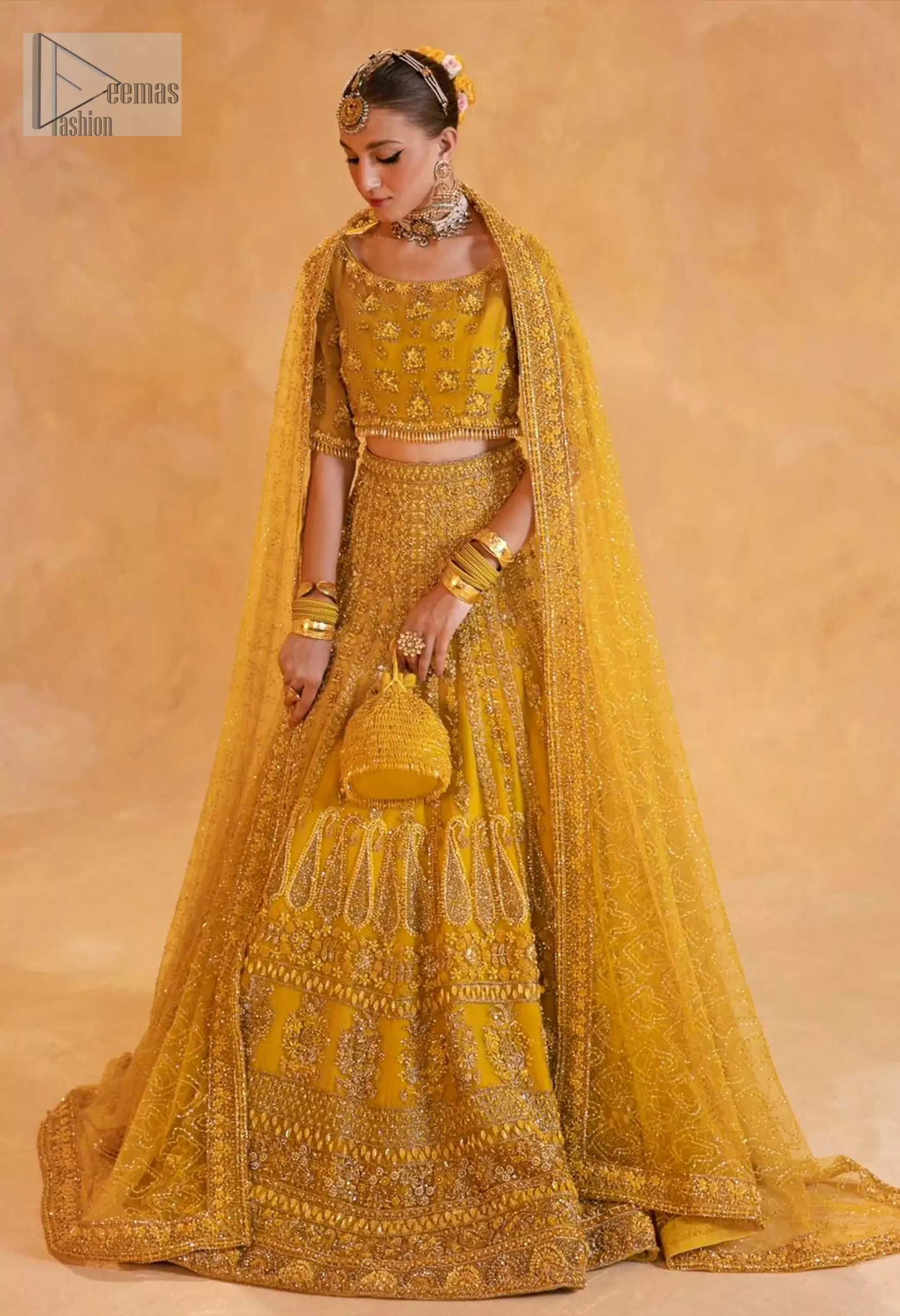 Mustard Lehenga Blouse Dupatta for Mehndi Bride