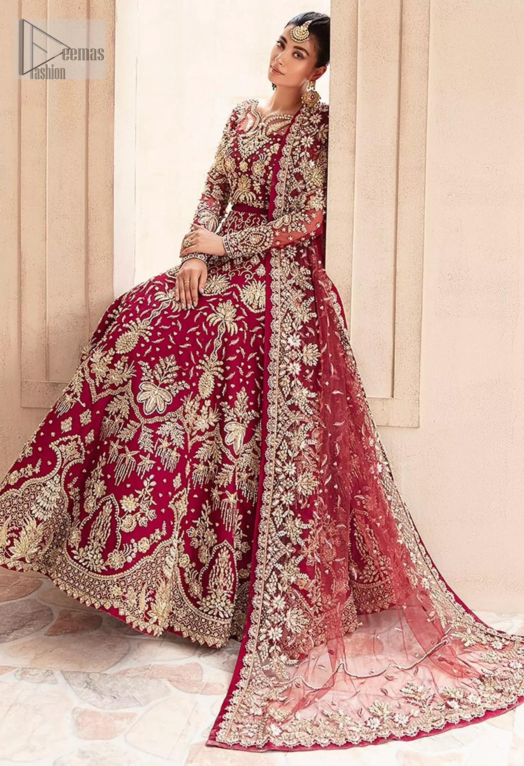 The can-can layers of the lehenga create a dramatic, wide flare that sweeps the floor with every movement.