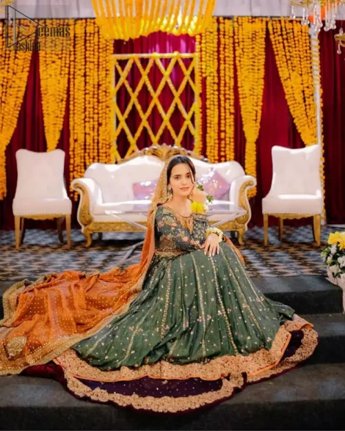 Indigo chiffon wide-flare lehenga with embroidered bottom border.