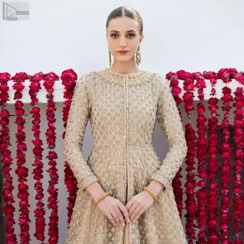 Light fawn front-open maxi and farshi lehenga set styled for a traditional Nikkah ceremony.