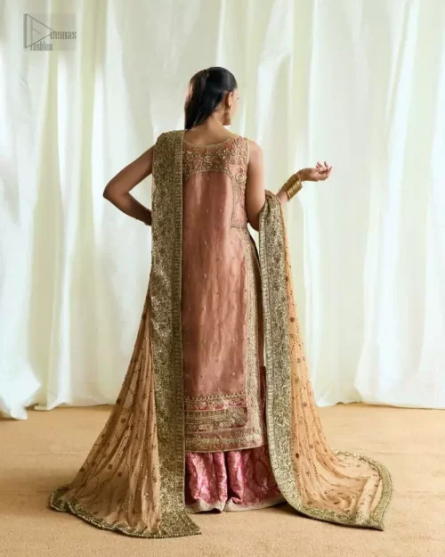 Back view of peach tissue silk long shirt and rose pink gharara ensemble.