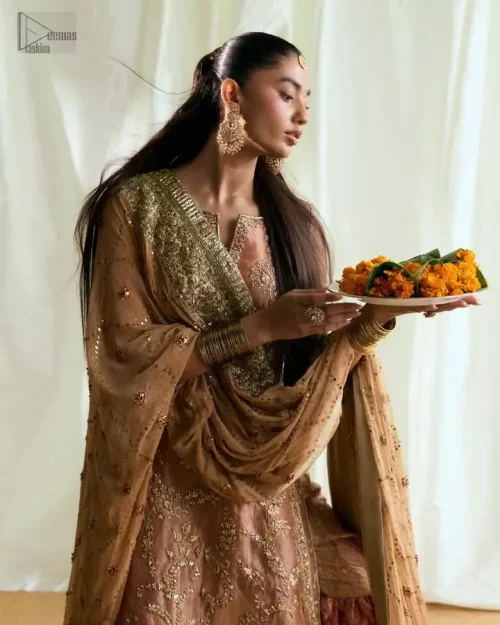Peach pure chiffon dupatta with sequins spray and embellished borders.
