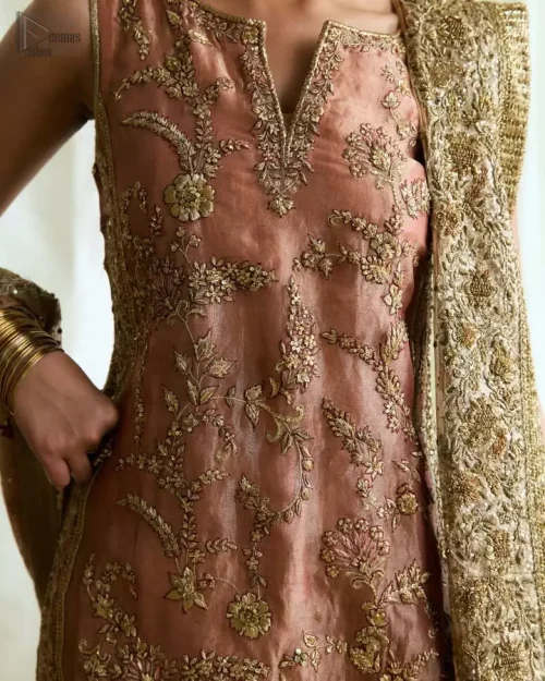 Heavily embellished four-sided border on peach chiffon dupatta.