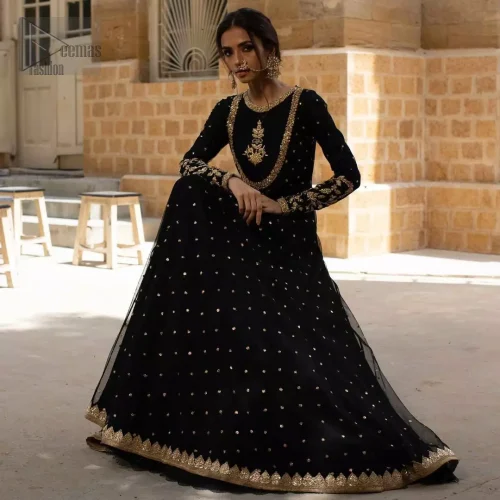 Black pure katan organza party pishwas with golden embroidery for evening celebrations.