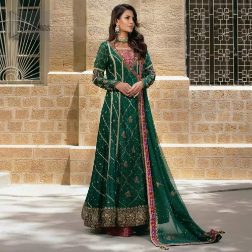 Bottle Green Angrakha Palazzo Pants Dupatta