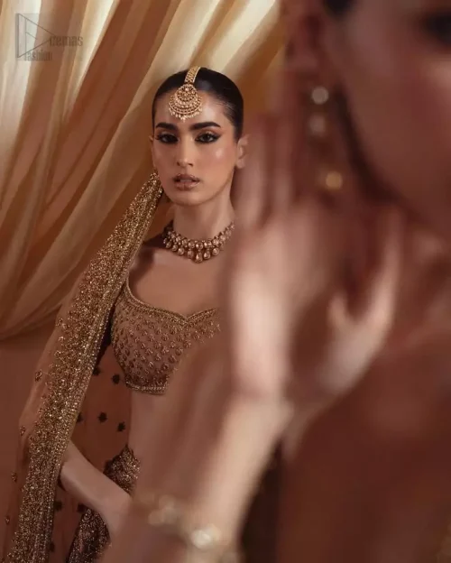 Tiny floral motifs and light golden embroidery on organza dupatta.