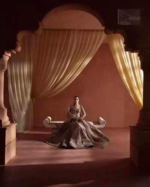 Movement and graceful flow of bronze lehenga and organza dupatta.