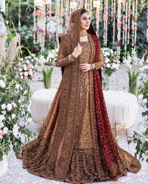 The farshi lehenga adds weight and structure without feeling overwhelming, and the maroon dupatta brings contrast that ties the whole