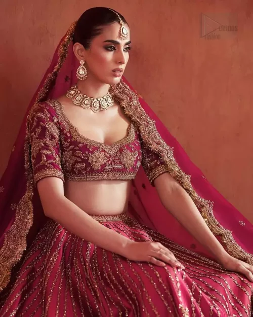 Blouse Artistry: Close-up of the crimson raw silk short blouse choli, featuring magnificent antique golden embroidery.
